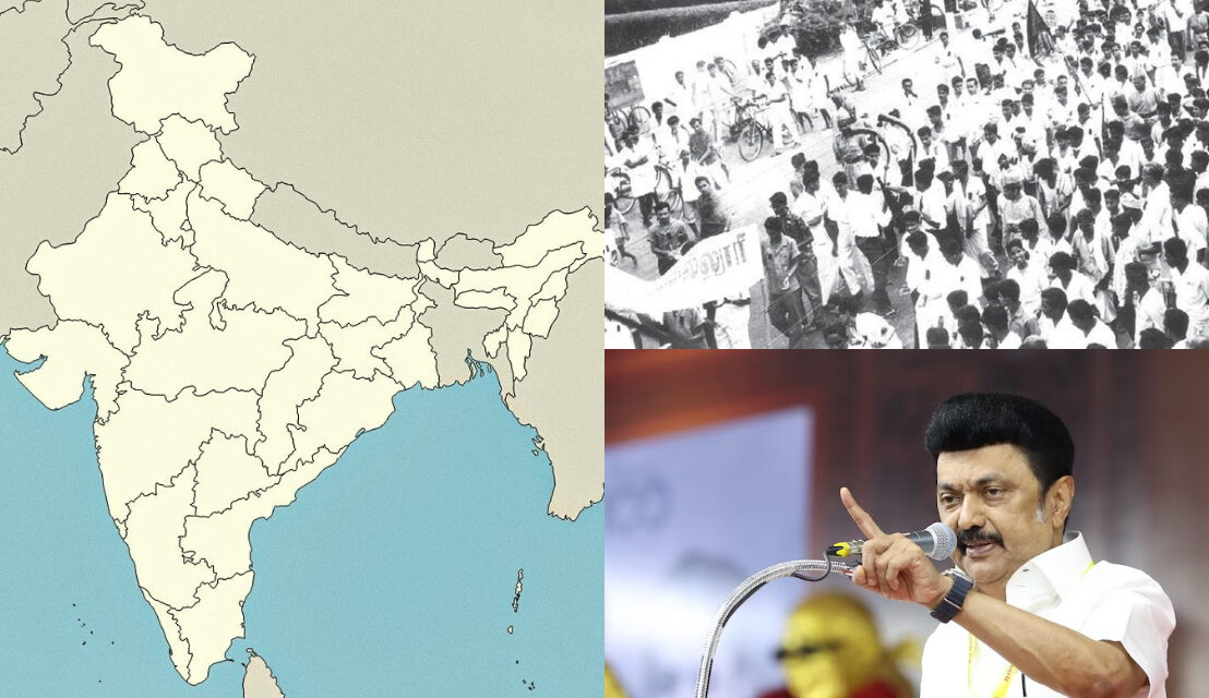 image depicting MK Stalin discussing the NEP 3 language policy, surrounded by supporters and critics. The backdrop features a map of India highlighting various regional languages, symbolizing the ongoing debate over language inclusion and cultural identity.