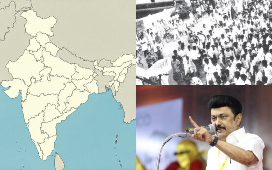 image depicting MK Stalin discussing the NEP 3 language policy, surrounded by supporters and critics. The backdrop features a map of India highlighting various regional languages, symbolizing the ongoing debate over language inclusion and cultural identity.