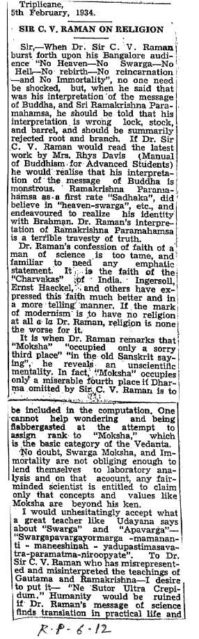 cv raman rationalism atheism
