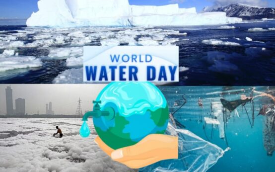 An aerial view of a glacier melting into a river, symbolizing the theme of World Water Day 2025: Glacier Preservation. The image highlights the importance of glaciers as vital freshwater resources for billions of people.