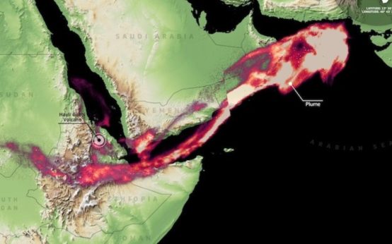 Satellites, including the Copernicus Sentinel-5P, captured stunning images of the vast SO2 plume extending over 3,700 kilometers, drifting eastwards from Ethiopia across the Arabian Peninsula.